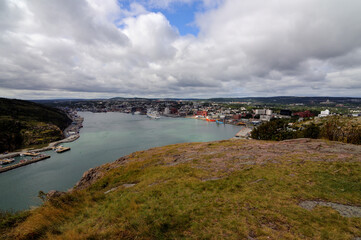 Fototapeta na wymiar Aerial View Of The Narrows And St Johns Harbour In St John's Newfoundland Canada Seen From Signal Hill