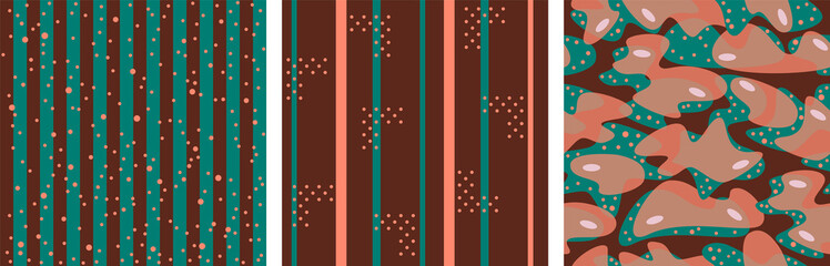 Set of Vector seamless pattern with stripes, polka dots, camouflage, lines in terra cotta orange, emerald green color on dark brown background. Autumn trendy color geometry. Down to Earth palette.