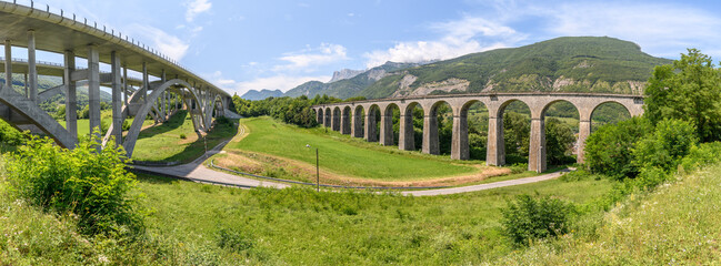 Fototapeta premium View of the Crozet railway viaduct and Crozet motorway viaduct in Isère. City of Vif.