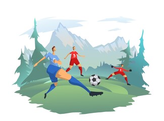 Obraz na płótnie Canvas Men playing football on the background of a mountain landscape. Football players kick the ball. Outdoor activities, vector illustration.