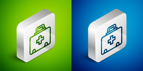 Isometric line First aid kit icon isolated on green and blue background. Medical box with cross. Medical equipment for emergency. Healthcare concept. Silver square button. Vector