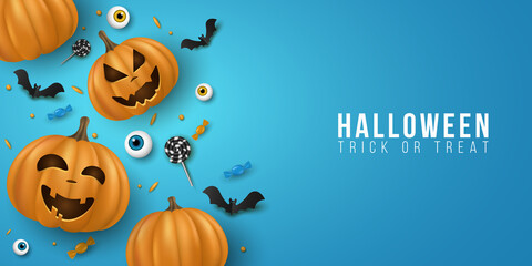 Halloween background with 3d emotional cartoon smiling pumpkins and decorative eyes, sweets, lollipops, bats. Holiday design for cover, banner or party invitation