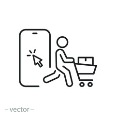 online shipping icon, ecommerce, click with collect order, phone and  consumer, pick and receive cart with box, thin line symbol on white background - editable stroke vector illustration - obrazy, fototapety, plakaty