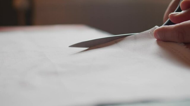 Close up of scissors cutting through pale fabric with natural backlighting
