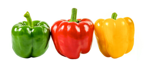 Yellow, green and red pepper isolated on white background