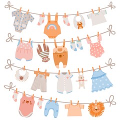 Baby clothes on rope. Newborn children apparel, socks, dress and toys hanging on clothesline. Kids laundry drying on clothespin vector set