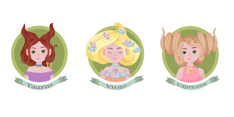 Zodiac sign as a beautiful girl with lush hair. Set of bright signs of the zodiac. Horoscope. Astronomy. Vector illustration isolated on white background.