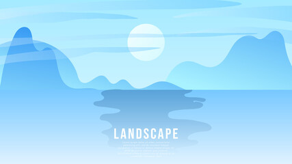 Landscape view natural , snowy mountains and streams and a big moon , Illustration Vector EPS 10