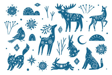 Winter collection of mystic blue animals