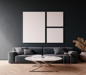 Modern interior design with empty picture frames and black wall background 3D Rendering, 3D...