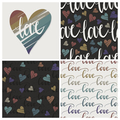 colorful love background set hand drawn calligraphic text in horizontal rows and messy heart shapes romantic lovely vector seamless pattern with centerpiece illustration in rainbow colors