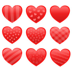 Vector red Valentine's day hearts Stickers set with different texture. Design elements for greeting cards