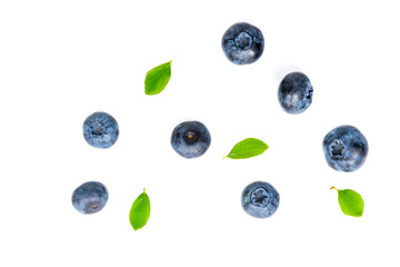 blueberries with leaves on a white background