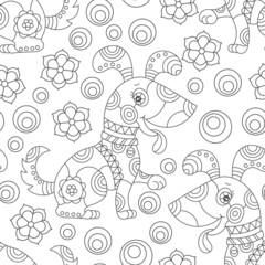 Seamless pattern with dark contour dogs and flowers in stained glass style on a white background