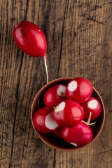fresh red radish at on a rustic table top