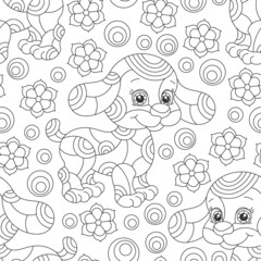 Seamless pattern with dark contour cartoon dogs and flowers in stained glass style on a white background