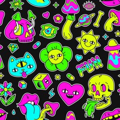 Surreal trippy seamless pattern with mushrooms and weird characters. Cartoon psychedelic animal, eyes, skulls and space badges vector print