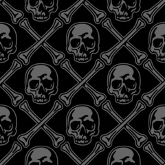 Skull and crossed bones pattern. Grey vector isolated seamless pattern on black background. Perfect for clothing, packaging, covers and other design projects.