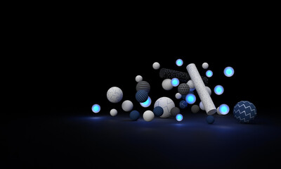 White, blue, black and glowing balls rise up. The sticks are floating. Abstraction of figures on a black background. 3d rendering.