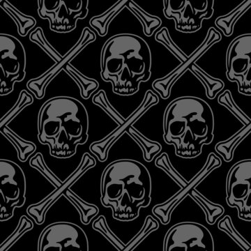 Skull and crossed bones pattern. Grey vector isolated seamless pattern on black background. Perfect for clothing, packaging, covers and other design projects.