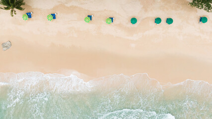 Fototapeta premium Top view.Panorama beautiful beach with white sand on sunny day. palm trees umbrellas sunset summer holiday. 