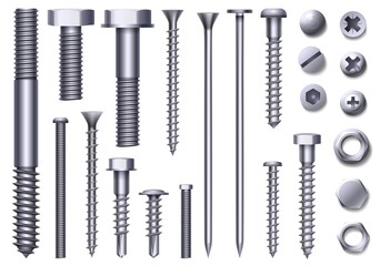 Fototapeta Realistic metal bolts, steel nuts, rivets and screws. Stainless construction hardware top and side view. Chrome bolt and pin head vector set obraz