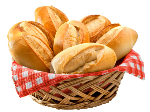 P&atilde;es em cesta de vime em fundo branco isolado.