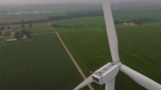 Macro Of A Wind Turbine Spinning At DTE Wind Farm In Ithaca, Michigan, USA. close up