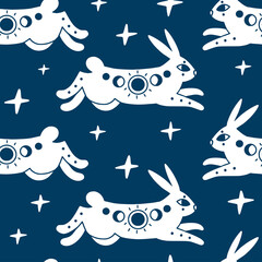 Seamless pattern with mystic rabbit or hare and stars