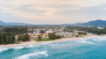Phuket,Thailand - July 25,2021:Top view or aerial view of Beautiful crystal clear water and white beach.Famous landmark 