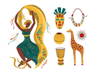 Collection of African illustrations. A dark-skinned woman is dancing. African subjects. Culture of nigeria; national things and clothes. Interesting souvenirs. Prints for clothes, cards, design.