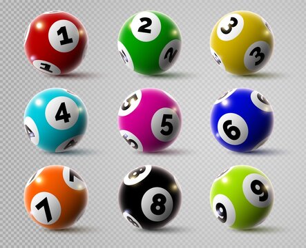 Realistic lottery bingo or keno game balls with numbers. 3d lotto or billiard ball. Lucky gambling sport, casino lottery spheres vector set