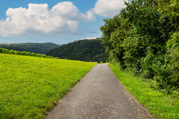 An asphalt road between a field of grass and trees, in the background hills overgrown with forest.