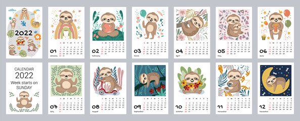 Monthly children's calendar for 2022. Bright vertical design with stylized sloths doing different activities. Editable vector illustration, set of 12 months with cover. Week starts on Monday.