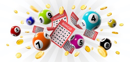 Bingo winner background with lottery tickets, balls and gold coins. Realistic keno gambling game win poster with cards burs vector concept - obrazy, fototapety, plakaty