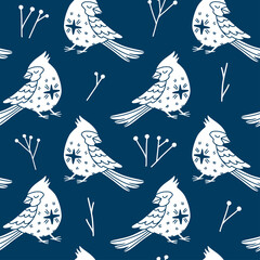 Seamless pattern with mystic winter birds and branches