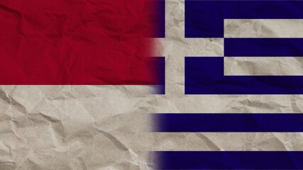 Greece and Indonesia Flags Together, Crumpled Paper Effect Background 3D Illustration