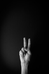 Black and white image of hand demonstrating sign language number two against black background with empty copy space