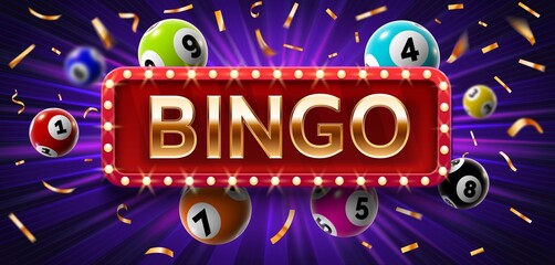 Winner poster with lottery balls with numbers, confetti and golden bingo. Realistic lotto game big win background. Gambling vector concept - obrazy, fototapety, plakaty
