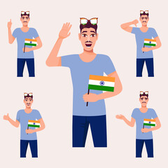 A handsome man with the Indian flag. A set of fan emotions. Vector illustration on cartoon style.