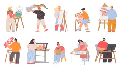 Fototapeta premium Art painters, digital artists and graphic designer characters. Men and women draw painting on canvas easel. Creative job or hobby vector set