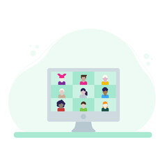 Online class on video conferencing. The children attend the teacher in online class. Desktop computer device video call. Vector illustration, flat design