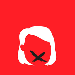 Child abuse concept. Red background, girl child portrait and black cross. Vector illustration, flat design