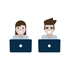 Two characters icons. Two people with laptop computers. Networking, communication, freelancer, digital professional career concept. Vector illustration, flat design