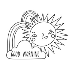 Good morning text with Sun for card, sticker, print, coloring page