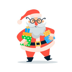 Flat vector Illustration of cute cartoon christmas Santa Claus with gifts is