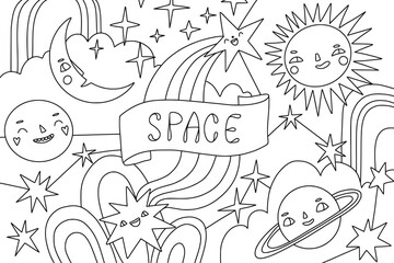 Space coloring page. Outline vector doodles