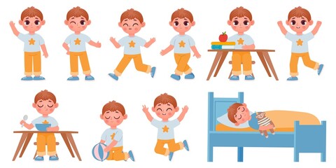 Cartoon kid boy character poses, gestures and expressions for animation. Happy school child playing, sleeping, waving and running vector set