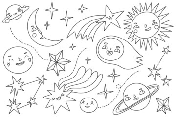 Space elements collection. Outline doodles