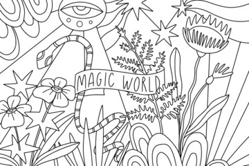 Magic world esoteric coloring page. Outline vector doodles